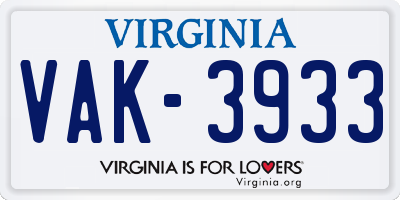 VA license plate VAK3933