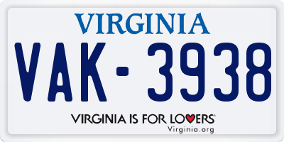 VA license plate VAK3938