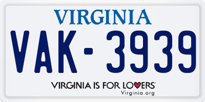 VA license plate VAK3939
