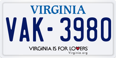 VA license plate VAK3980