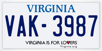 VA license plate VAK3987