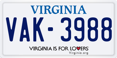 VA license plate VAK3988