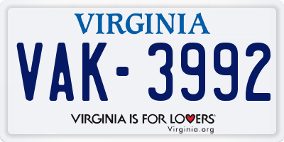 VA license plate VAK3992