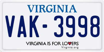 VA license plate VAK3998