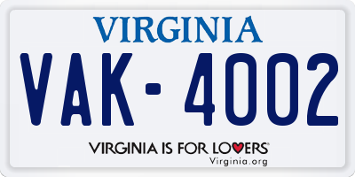 VA license plate VAK4002