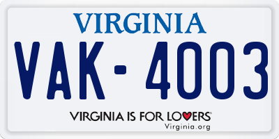 VA license plate VAK4003