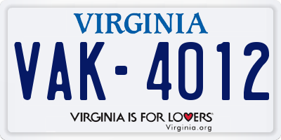 VA license plate VAK4012