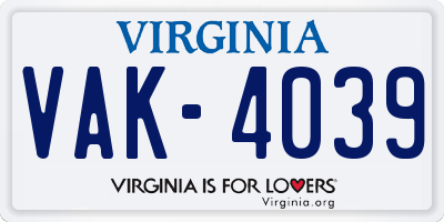 VA license plate VAK4039