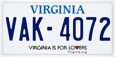 VA license plate VAK4072