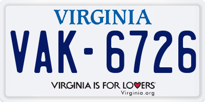 VA license plate VAK6726