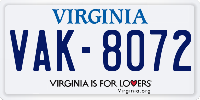 VA license plate VAK8072