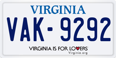 VA license plate VAK9292