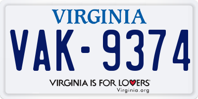 VA license plate VAK9374