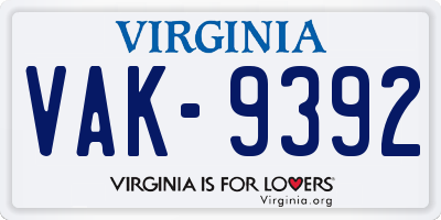 VA license plate VAK9392