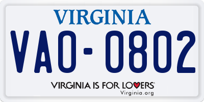 VA license plate VAO0802