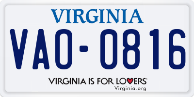 VA license plate VAO0816