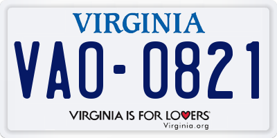 VA license plate VAO0821