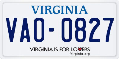 VA license plate VAO0827