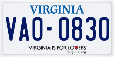 VA license plate VAO0830