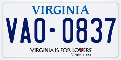 VA license plate VAO0837