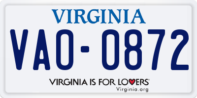 VA license plate VAO0872