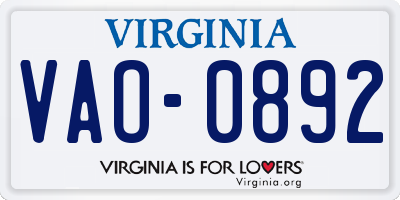 VA license plate VAO0892