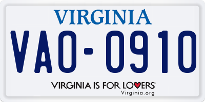 VA license plate VAO0910