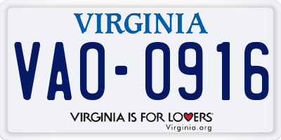 VA license plate VAO0916