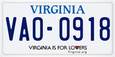 VA license plate VAO0918