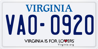 VA license plate VAO0920