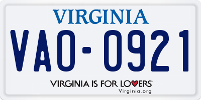 VA license plate VAO0921