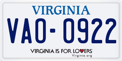 VA license plate VAO0922