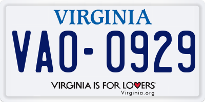 VA license plate VAO0929