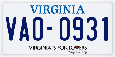 VA license plate VAO0931