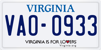 VA license plate VAO0933