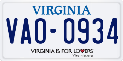 VA license plate VAO0934