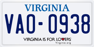 VA license plate VAO0938