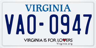 VA license plate VAO0947