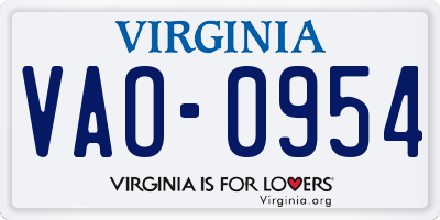 VA license plate VAO0954