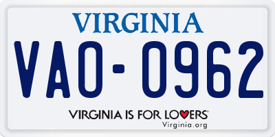 VA license plate VAO0962