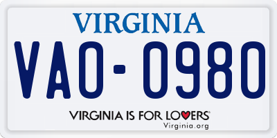 VA license plate VAO0980