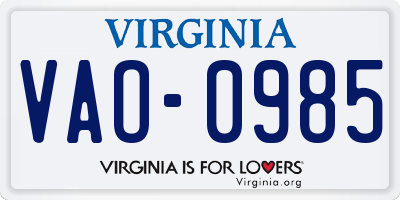 VA license plate VAO0985