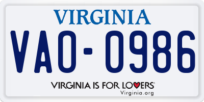 VA license plate VAO0986