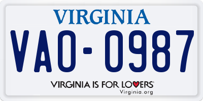 VA license plate VAO0987