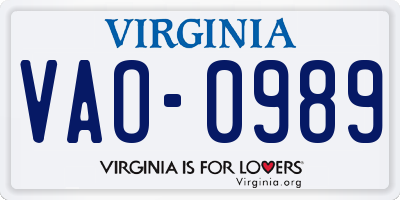 VA license plate VAO0989