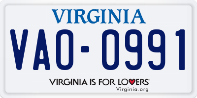 VA license plate VAO0991