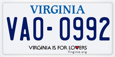 VA license plate VAO0992