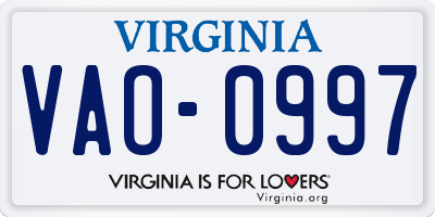 VA license plate VAO0997