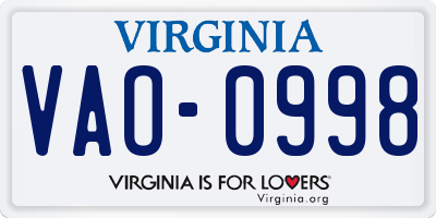 VA license plate VAO0998