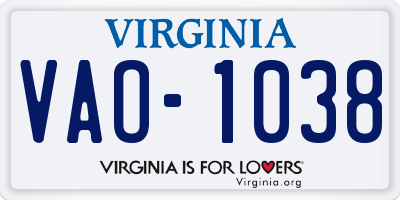 VA license plate VAO1038